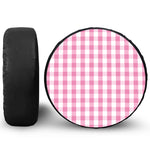 Pink And White Check Pattern Print Leather Spare Tire Cover