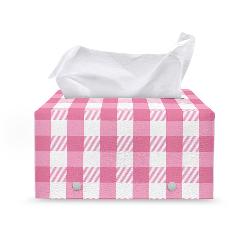 Pink And White Check Pattern Print Leather Tissue Box Cover