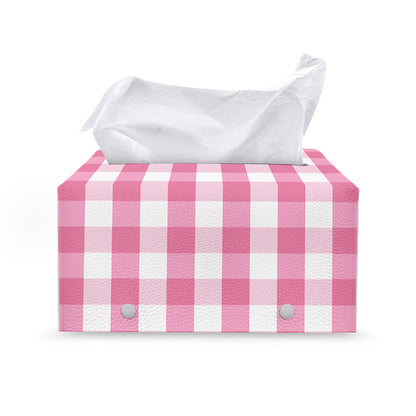 Pink And White Check Pattern Print Leather Tissue Box Cover