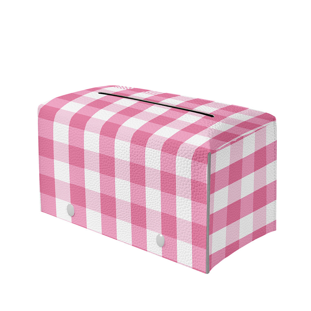 Pink And White Check Pattern Print Leather Tissue Box Cover