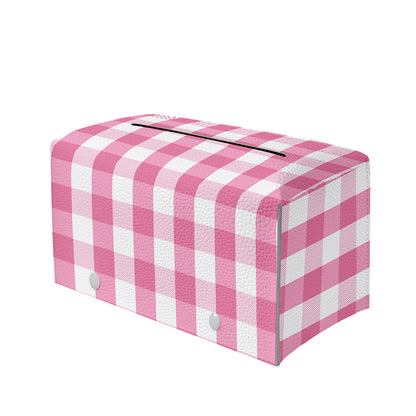Pink And White Check Pattern Print Leather Tissue Box Cover