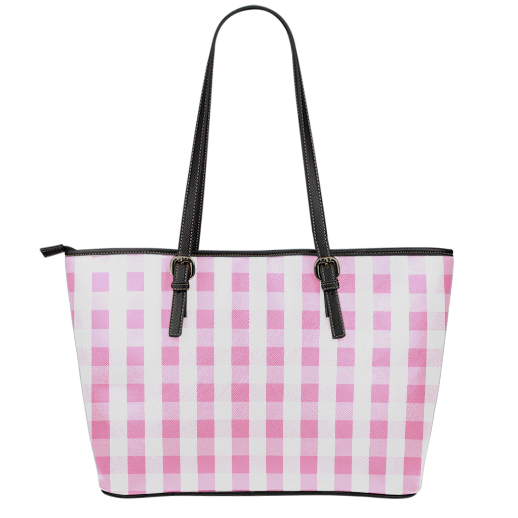 Pink And White Check Pattern Print Leather Tote Bag