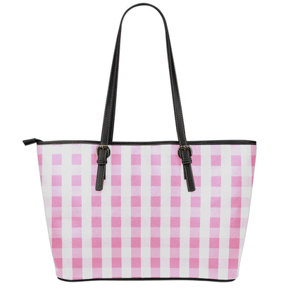 Pink And White Check Pattern Print Leather Tote Bag