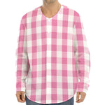 Pink And White Check Pattern Print Long Sleeve Baseball Jersey