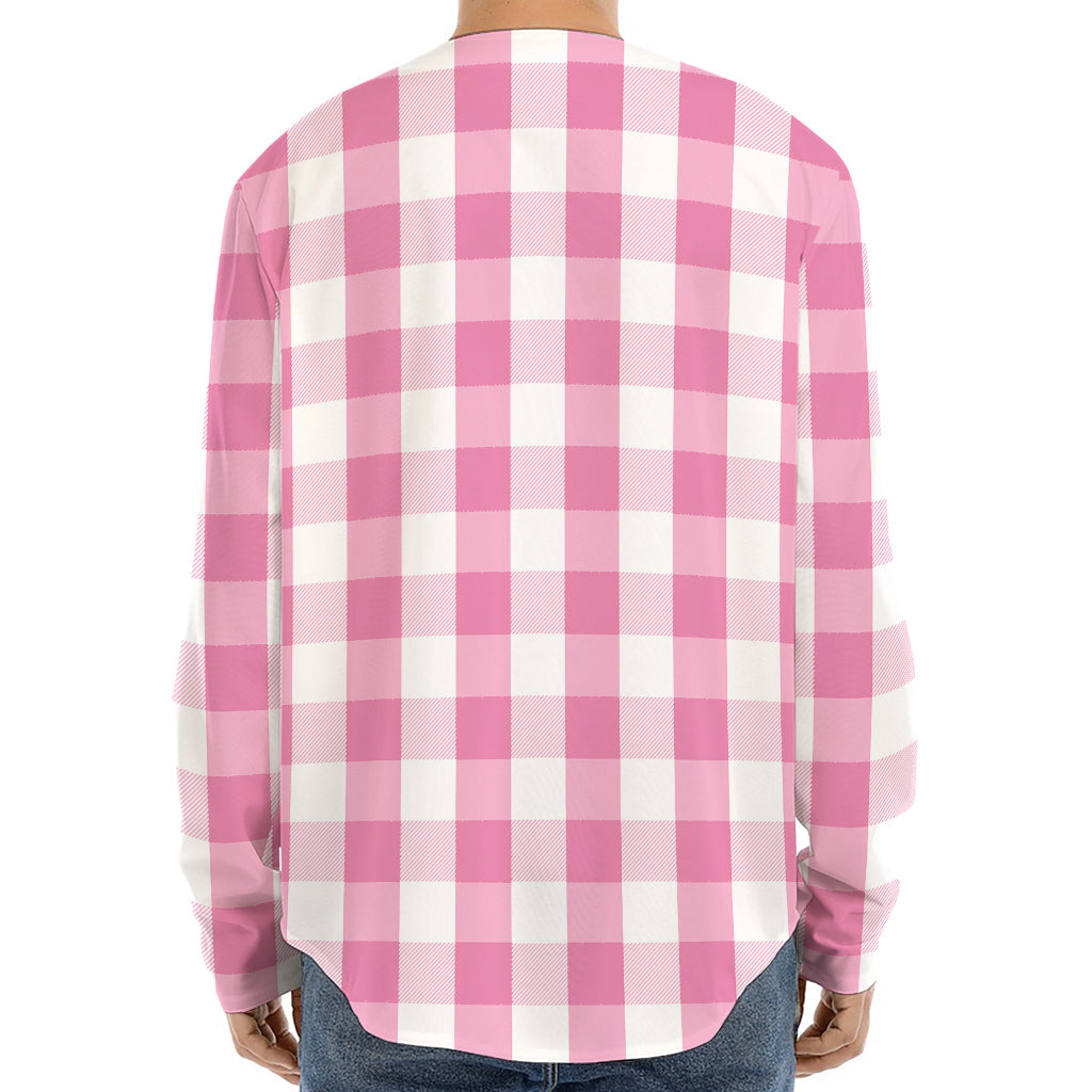 Pink And White Check Pattern Print Long Sleeve Baseball Jersey