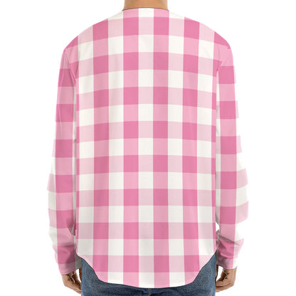 Pink And White Check Pattern Print Long Sleeve Baseball Jersey