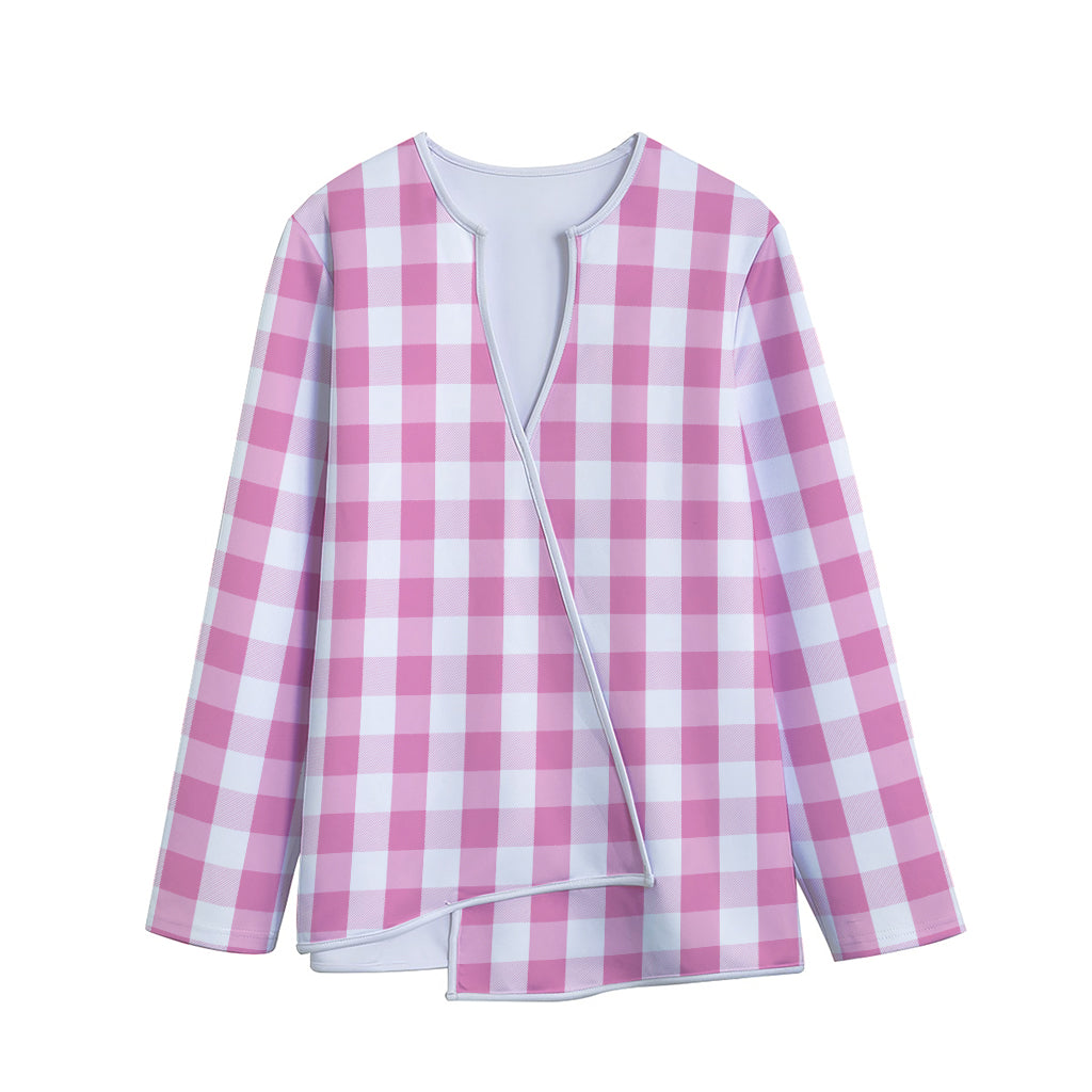 Pink And White Check Pattern Print Long Sleeve Short Coat
