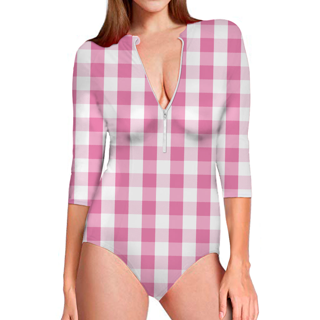 Pink And White Check Pattern Print Long Sleeve Swimsuit
