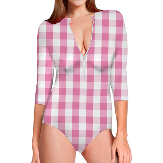 Pink And White Check Pattern Print Long Sleeve Swimsuit