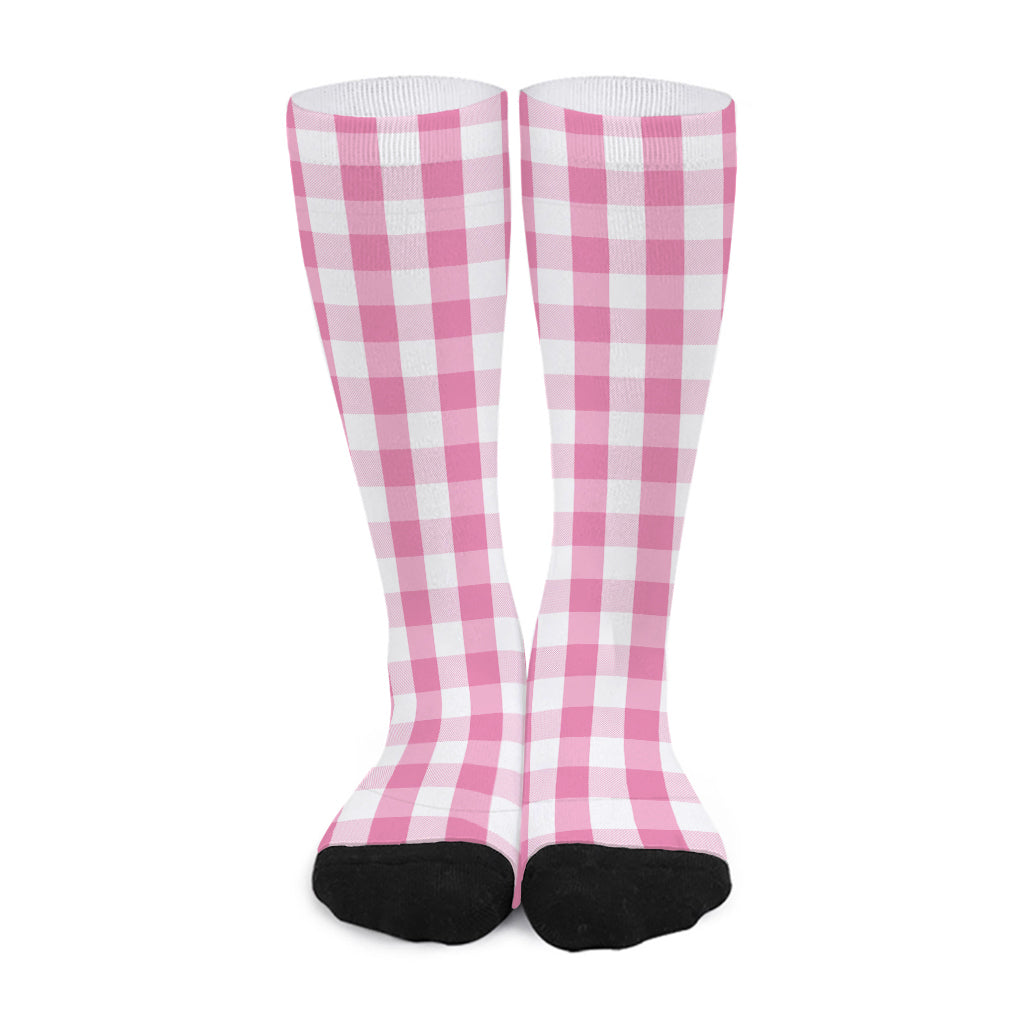 Pink And White Check Pattern Print Long Socks