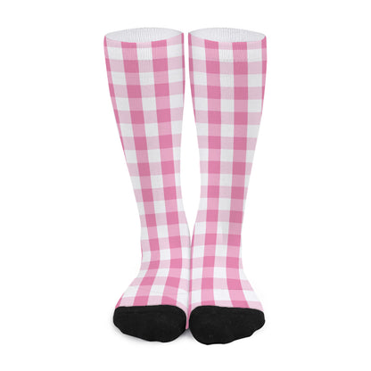 Pink And White Check Pattern Print Long Socks