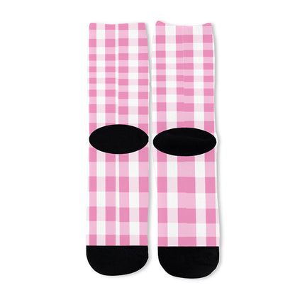 Pink And White Check Pattern Print Long Socks