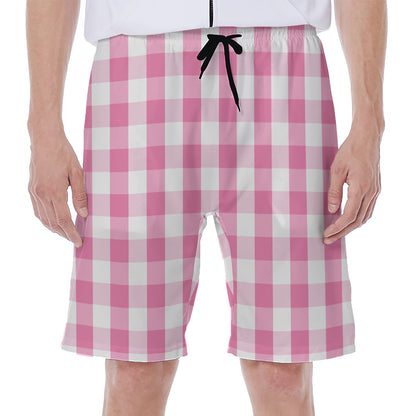 Pink And White Check Pattern Print Men's Beach Shorts