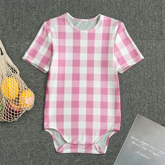 Pink And White Check Pattern Print Men's Bodysuit