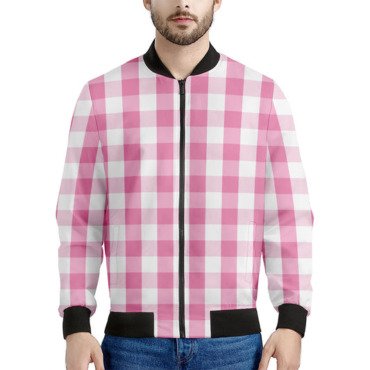 Pink And White Check Pattern Print Men's Bomber Jacket