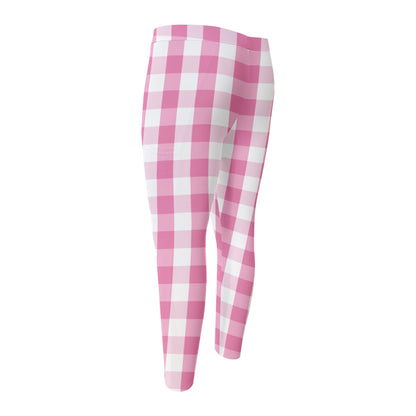 Pink And White Check Pattern Print Men's Compression Pants