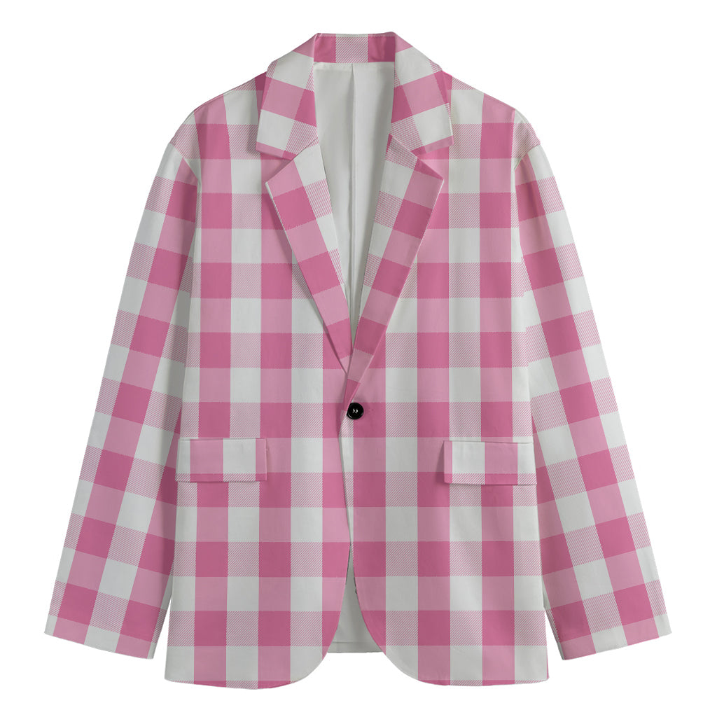 Pink And White Check Pattern Print Men's Cotton Blazer