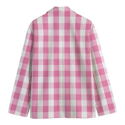 Pink And White Check Pattern Print Men's Cotton Blazer