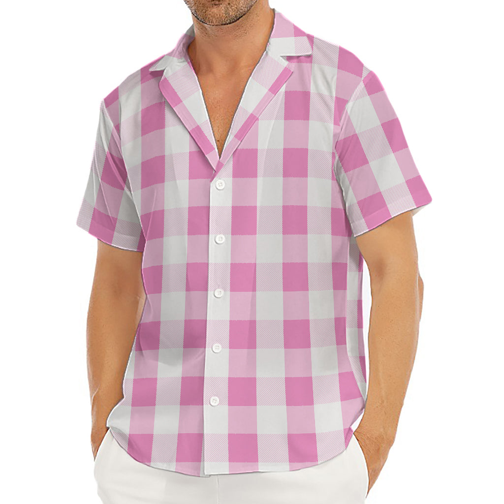 Pink And White Check Pattern Print Men's Deep V-Neck Shirt