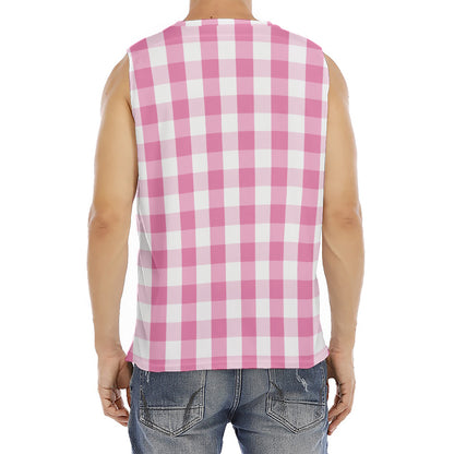 Pink And White Check Pattern Print Men's Fitness Tank Top