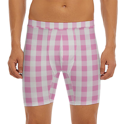 Pink And White Check Pattern Print Men's Long Boxer Briefs
