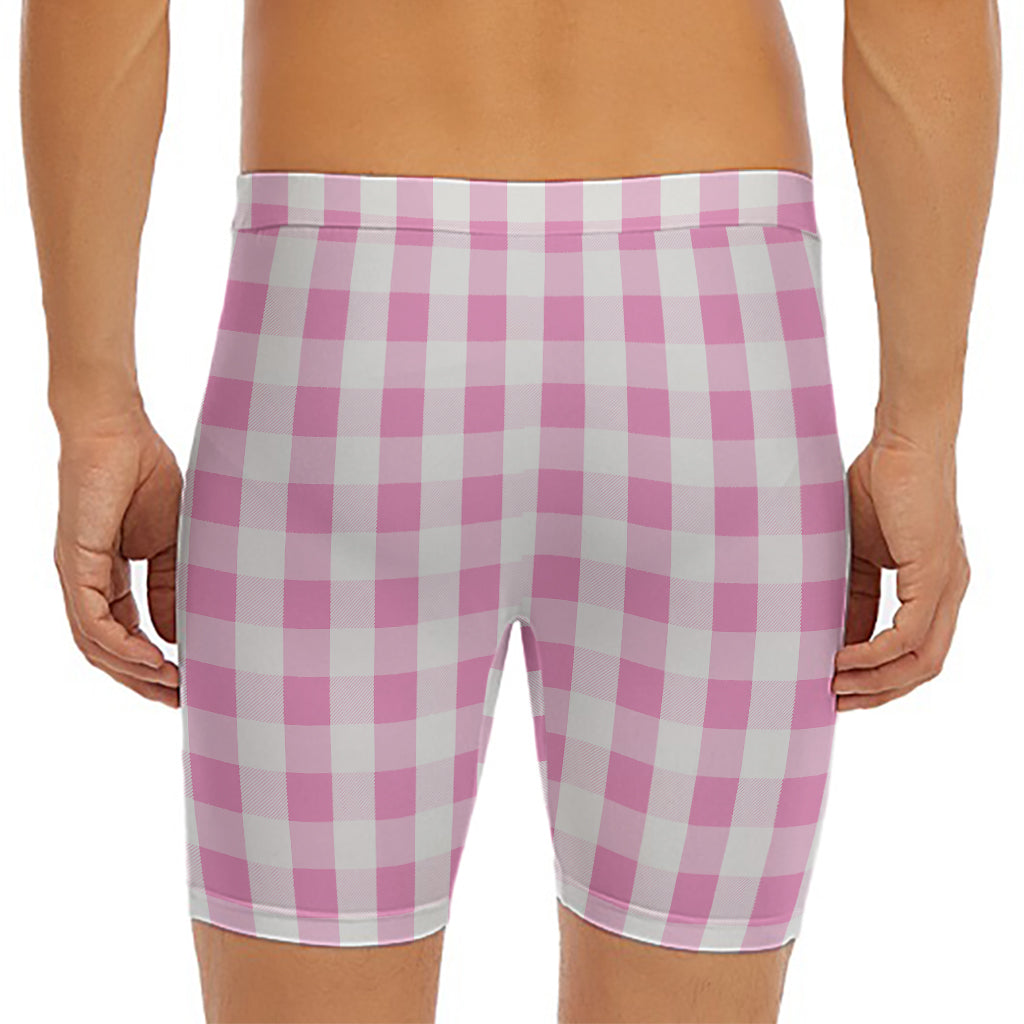 Pink And White Check Pattern Print Men's Long Boxer Briefs
