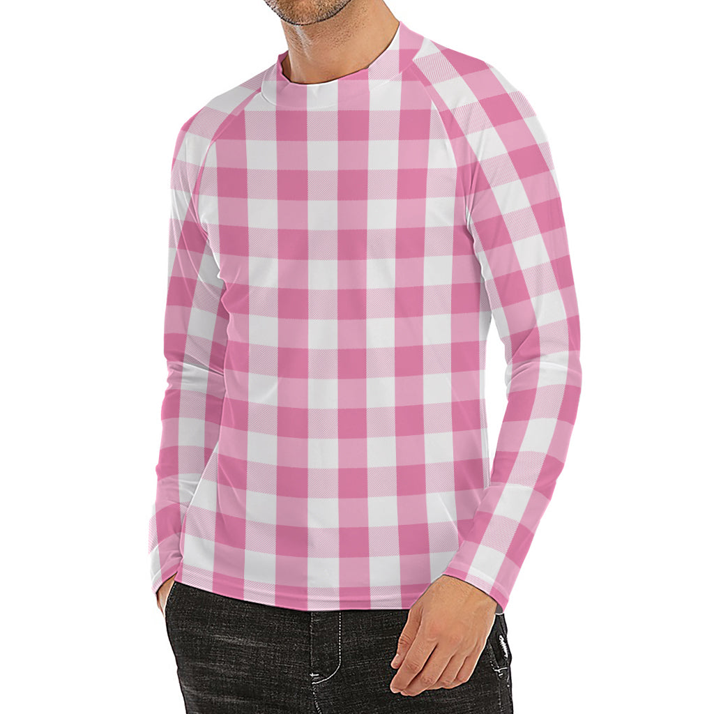 Pink And White Check Pattern Print Men's Long Sleeve Rash Guard