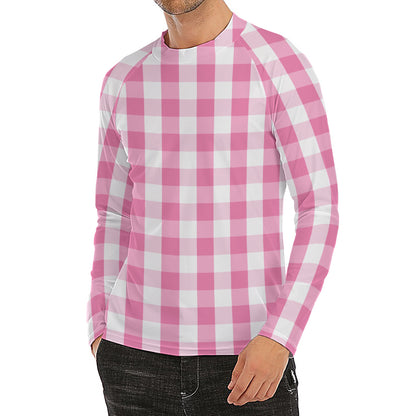 Pink And White Check Pattern Print Men's Long Sleeve Rash Guard