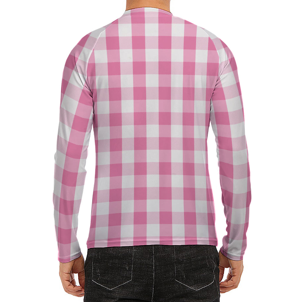 Pink And White Check Pattern Print Men's Long Sleeve Rash Guard