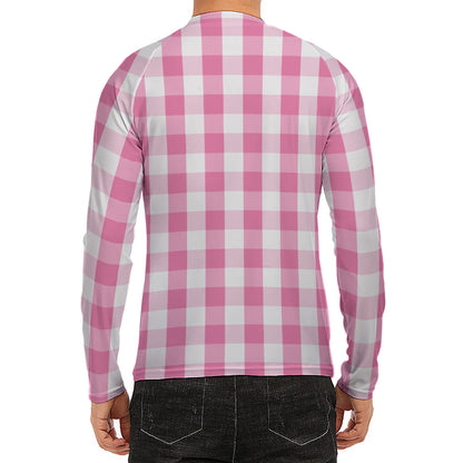 Pink And White Check Pattern Print Men's Long Sleeve Rash Guard