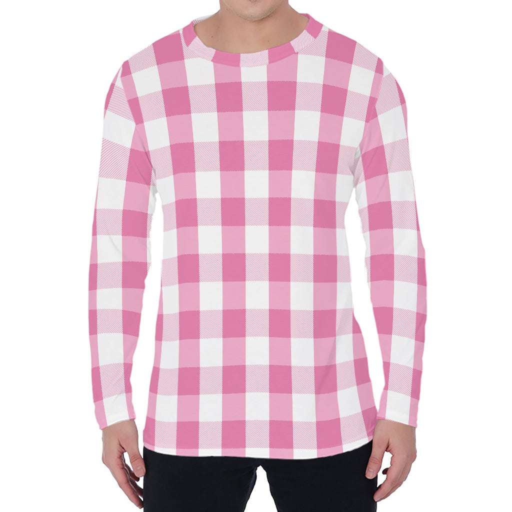 Pink And White Check Pattern Print Men's Long Sleeve T-Shirt