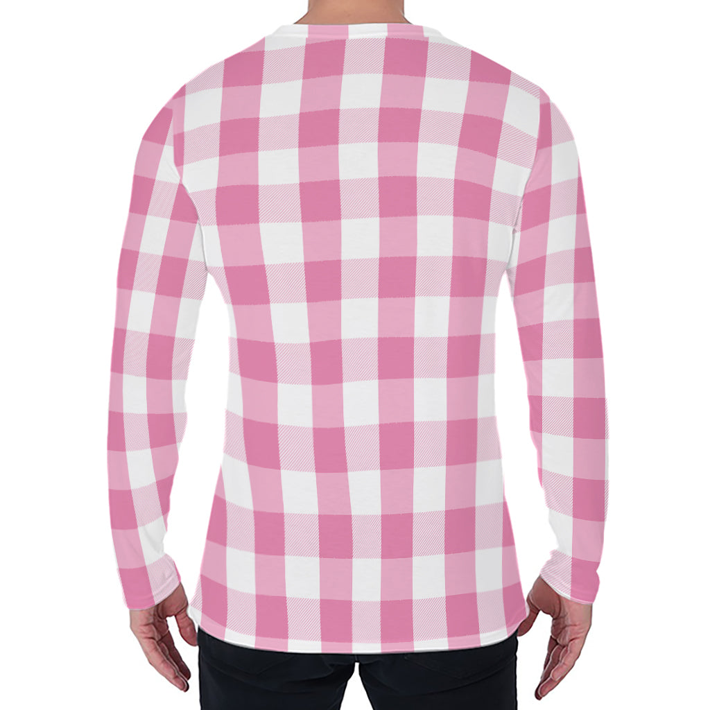 Pink And White Check Pattern Print Men's Long Sleeve T-Shirt