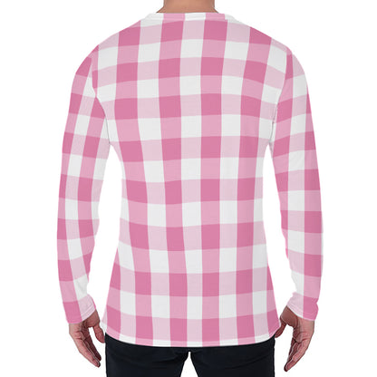 Pink And White Check Pattern Print Men's Long Sleeve T-Shirt
