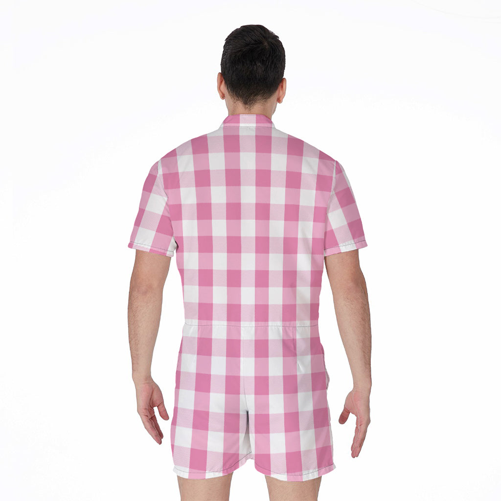 Pink And White Check Pattern Print Men's Rompers