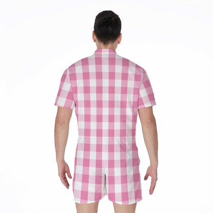 Pink And White Check Pattern Print Men's Rompers