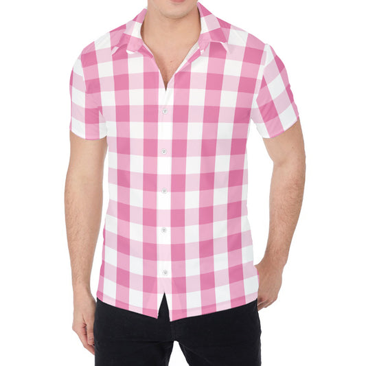 Pink And White Check Pattern Print Men's Shirt
