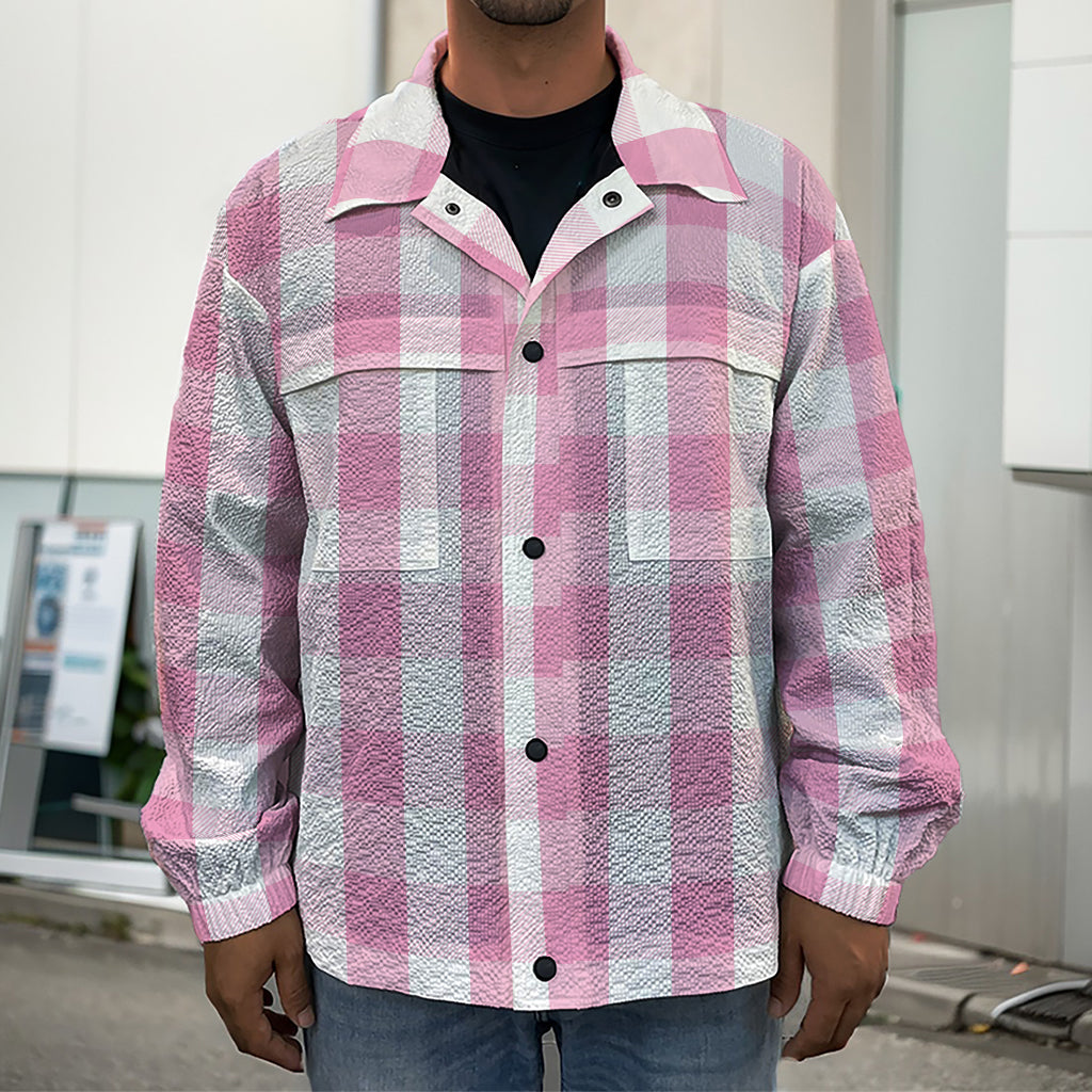 Pink And White Check Pattern Print Men's Shirt Jacket