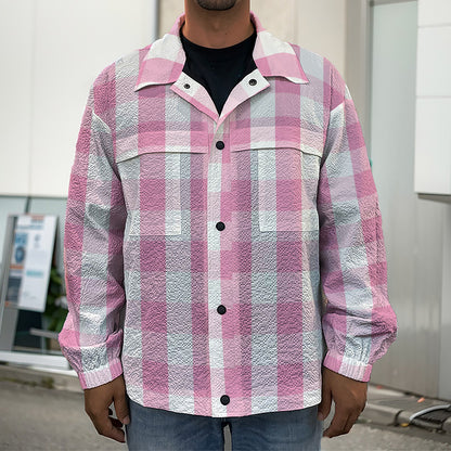 Pink And White Check Pattern Print Men's Shirt Jacket