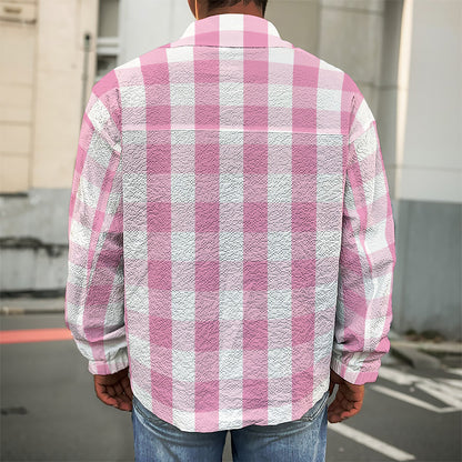 Pink And White Check Pattern Print Men's Shirt Jacket