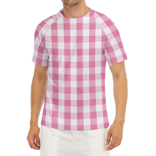 Pink And White Check Pattern Print Men's Short Sleeve Rash Guard