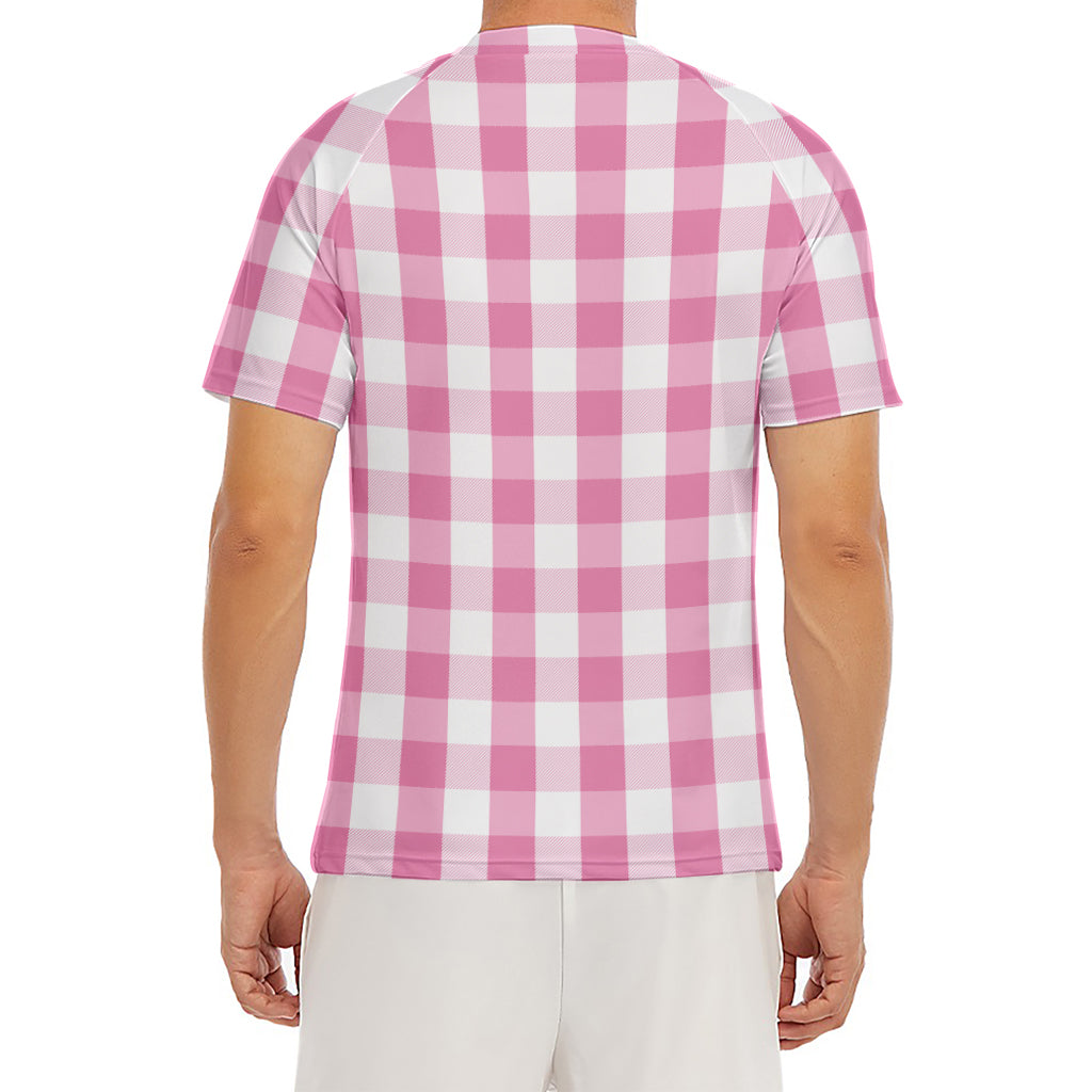 Pink And White Check Pattern Print Men's Short Sleeve Rash Guard