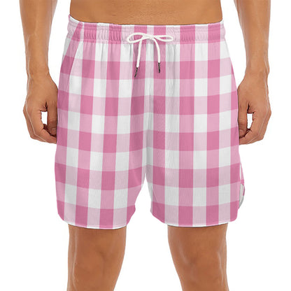Pink And White Check Pattern Print Men's Split Running Shorts