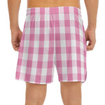 Pink And White Check Pattern Print Men's Split Running Shorts