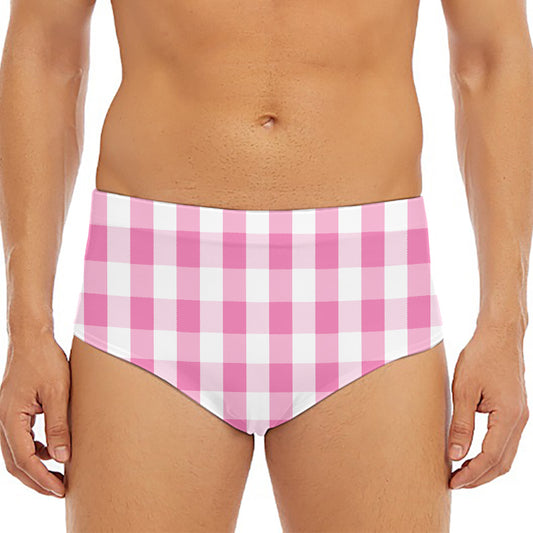 Pink And White Check Pattern Print Men's Triangle Swim Briefs