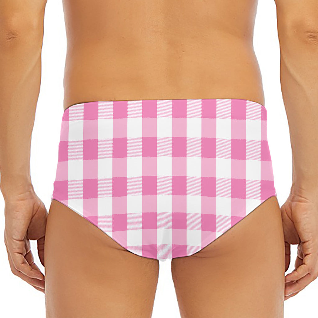 Pink And White Check Pattern Print Men's Triangle Swim Briefs