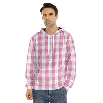Pink And White Check Pattern Print Men's Velvet Pullover Hoodie