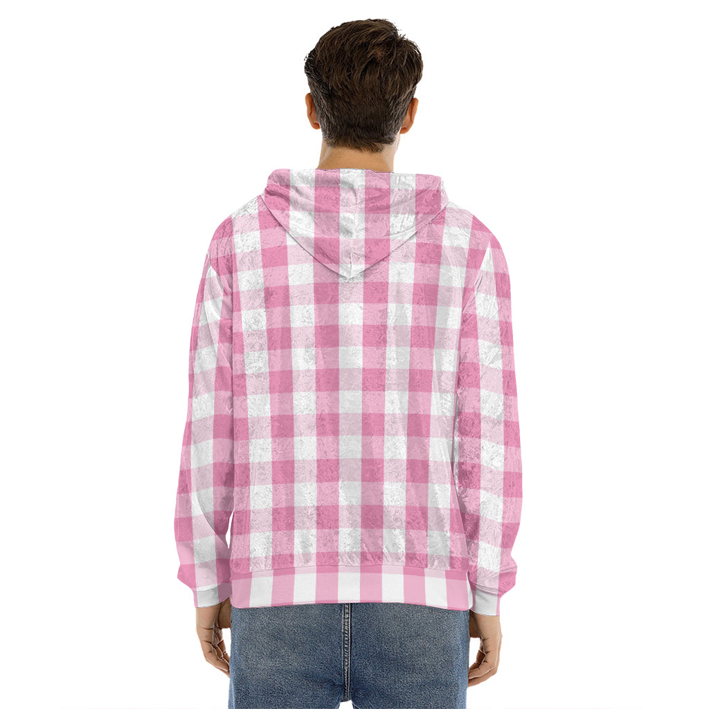 Pink And White Check Pattern Print Men's Velvet Pullover Hoodie