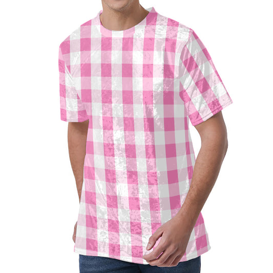 Pink And White Check Pattern Print Men's Velvet T-Shirt
