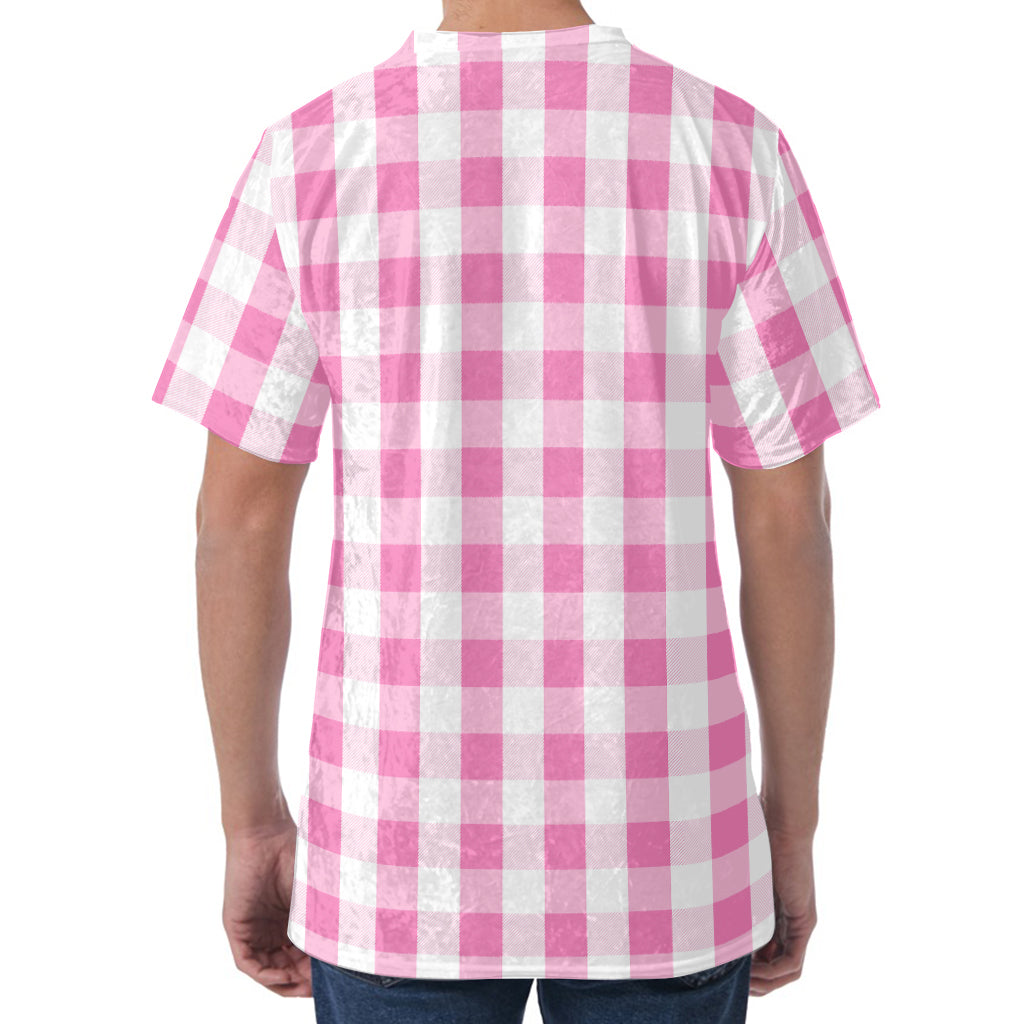 Pink And White Check Pattern Print Men's Velvet T-Shirt