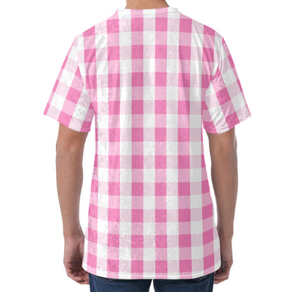 Pink And White Check Pattern Print Men's Velvet T-Shirt
